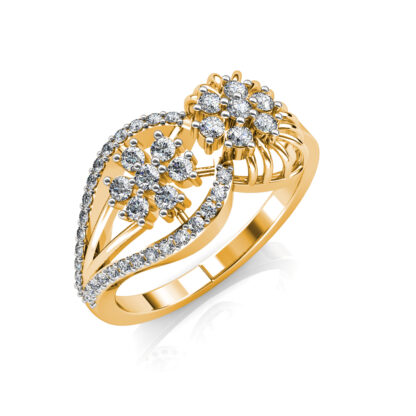 Perspective view of yellow gold floral cluster bypass diamond cocktail ring