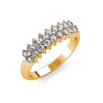 Perspective view of yellow gold two row diamond cluster band