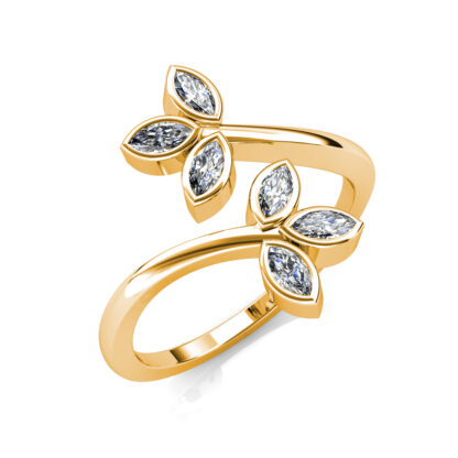 Perspective view of yellow gold marquise diamond twin leaf bypass ring