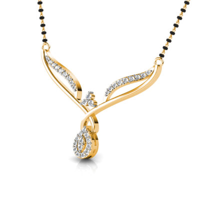 Perspective view of yellow gold crossed leaf diamond mangalsutra pendant