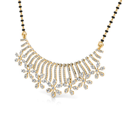 Perspective view of yellow gold diamond sunburst mangalsutra pendant