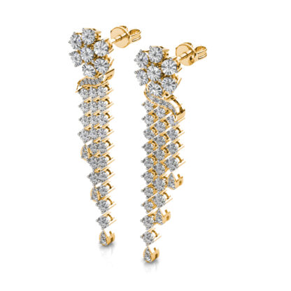 Perspective view of yellow gold diamond flower tassel drop earring