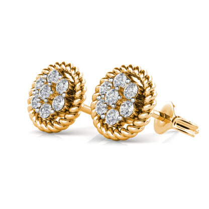 Perspective view of yellow gold diamond flower cluster rope edge stud earring