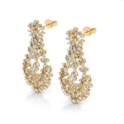 Perspective view of yellow gold diamond chandelier earring