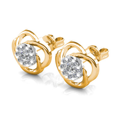 Perspective view of yellow gold swirl diamond cluster stud earring