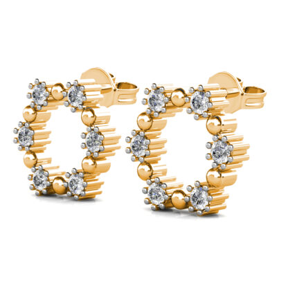 Perspective view of yellow gold open circle diamond wreath stud earring