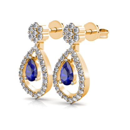Perspective view of yellow gold sapphire drop diamond halo stud earring