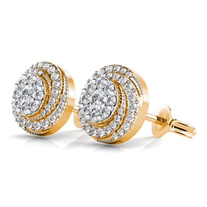 Perspective view of yellow gold double halo diamond cluster stud earring