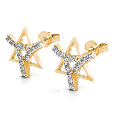 Perspective view of yellow gold diamond star ribbon stud earring