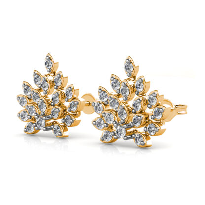 Yellow gold radiant marquise diamond cluster stud earrings, perspective view