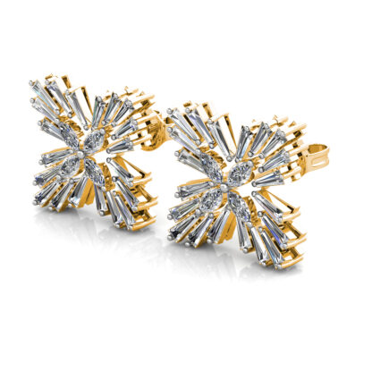 Yellow gold baguette diamond starburst stud earrings, perspective view
