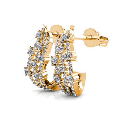 Yellow gold multi-row diamond climber hoop earrings, perspective view