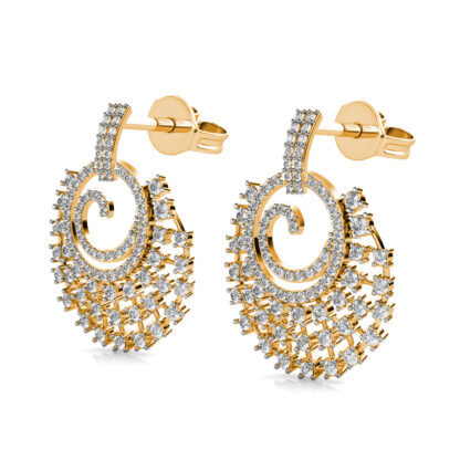 Yellow gold diamond cluster drop earrings, perspective view