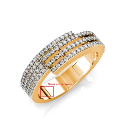 Perspective view of yellow gold four row pave diamond bypass band
