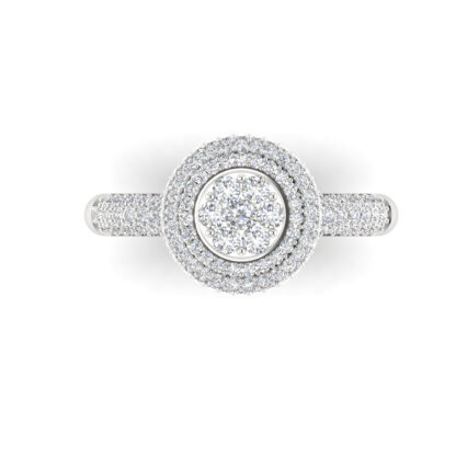 White gold illusion diamond double halo ring worn on finger
