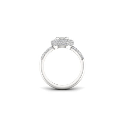 Perspective view of white gold illusion diamond double halo ring
