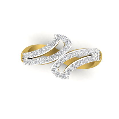 Yellow gold sculptural diamond wave open ring worn on finger