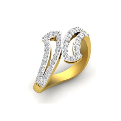 Front view of yellow gold sculptural diamond wave open ring