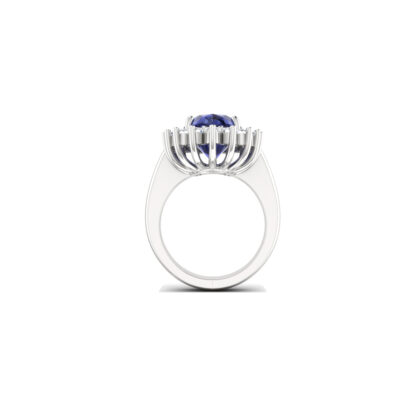 Perspective view of white gold oval sapphire diamond halo ring
