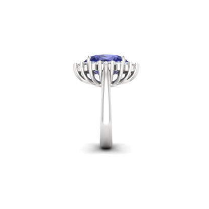Side view of white gold oval sapphire diamond halo ring
