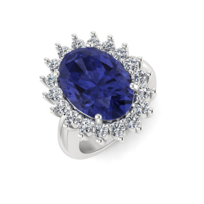Front view of white gold oval sapphire diamond halo ring