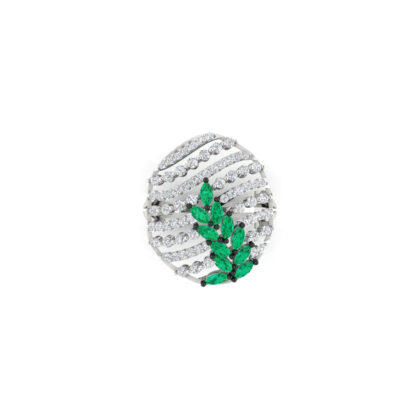 White gold emerald diamond caged dome ring worn on finger