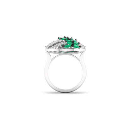 Perspective view of white gold emerald diamond caged dome ring