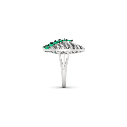 Side view of white gold emerald diamond caged dome ring