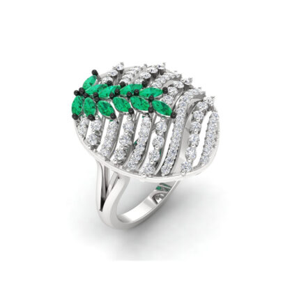 Front view of white gold emerald diamond caged dome ring