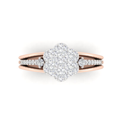 Rose gold scalloped diamond flower cluster ring worn on finger