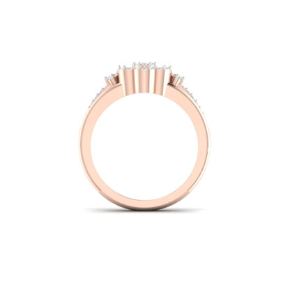 Perspective view of rose gold scalloped diamond flower cluster ring