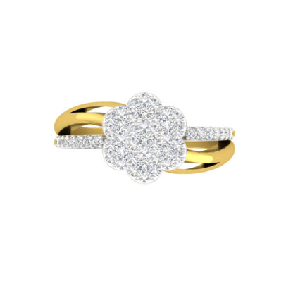 Yellow gold split shank diamond flower ring worn on finger