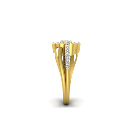 Side view of yellow gold split shank diamond flower ring