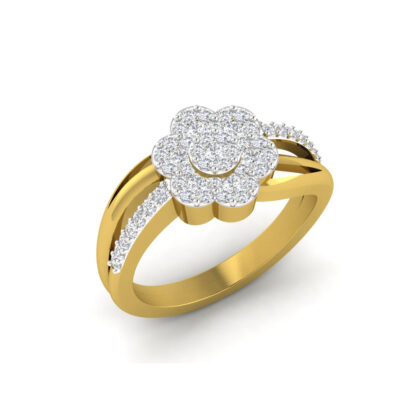 Front view of yellow gold split shank diamond flower ring