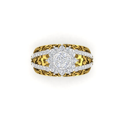 Yellow gold engraved diamond flower cluster ring worn on finger