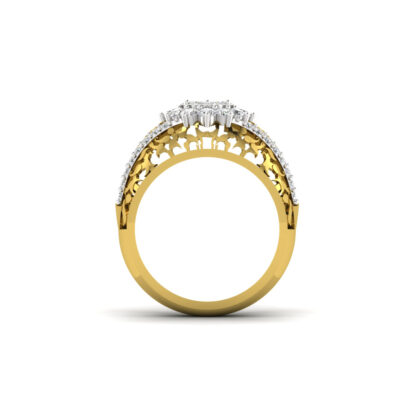 Perspective view of yellow gold engraved diamond flower cluster ring