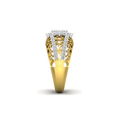 Side view of yellow gold engraved diamond flower cluster ring
