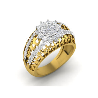 Front view of yellow gold engraved diamond flower cluster ring