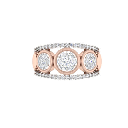 Rose gold triple diamond cluster band ring worn on finger