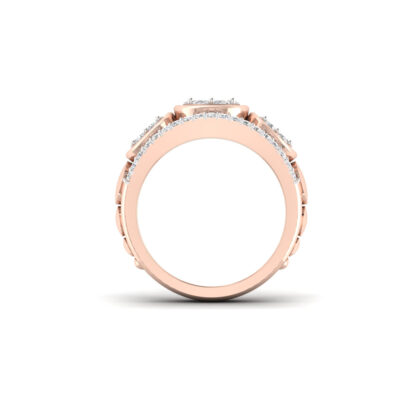 Perspective view of rose gold triple diamond cluster band ring