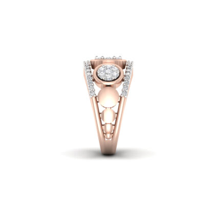 Side view of rose gold triple diamond cluster band ring