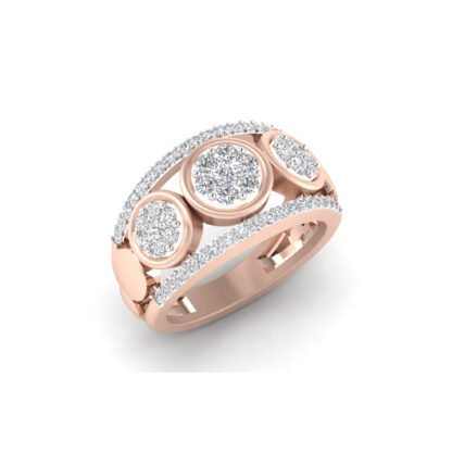 Front view of rose gold triple diamond cluster band ring