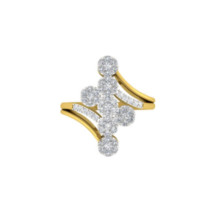 Yellow gold asymmetric diamond cluster ring worn on finger