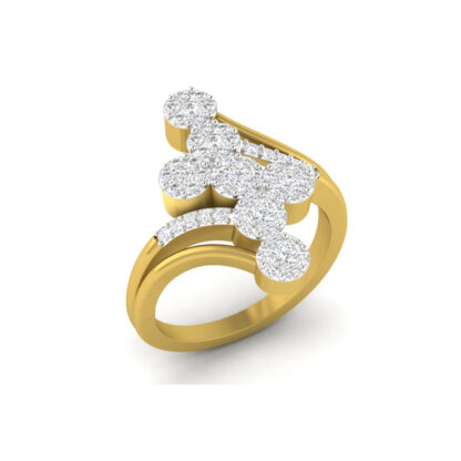 Front view of yellow gold asymmetric diamond cluster ring