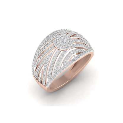 Front view of rose gold radiating diamond fan cocktail ring