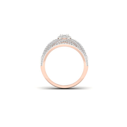 Perspective view of rose gold radiating diamond fan cocktail ring