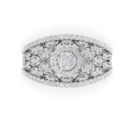 White gold diamond halo ring worn on finger