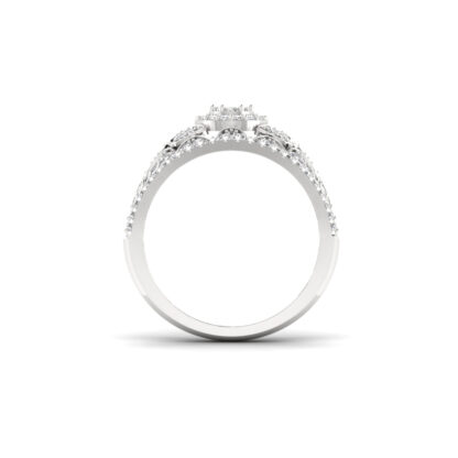 Perspective view of white gold diamond halo pear petal dome ring