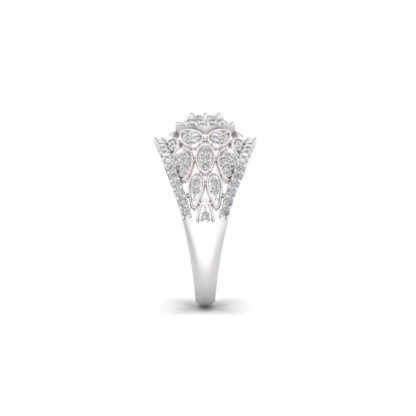 Side view of white gold diamond halo pear petal dome ring