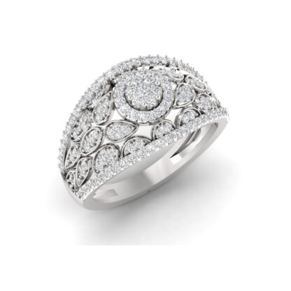 Front view of white gold diamond halo pear petal dome ring